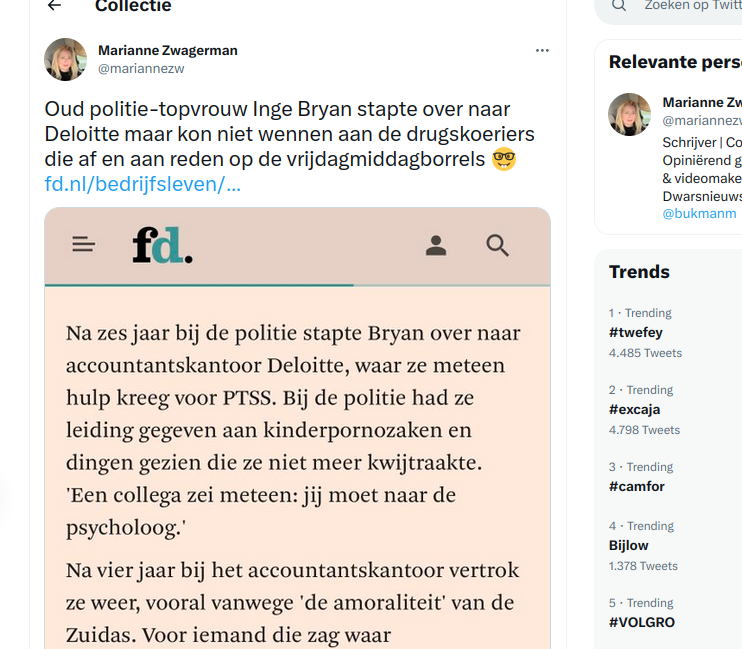 Oud politie-vrouw stapte over naar Deloitte maar kon niet wennen aan de drugskoeriers die af en aan reden